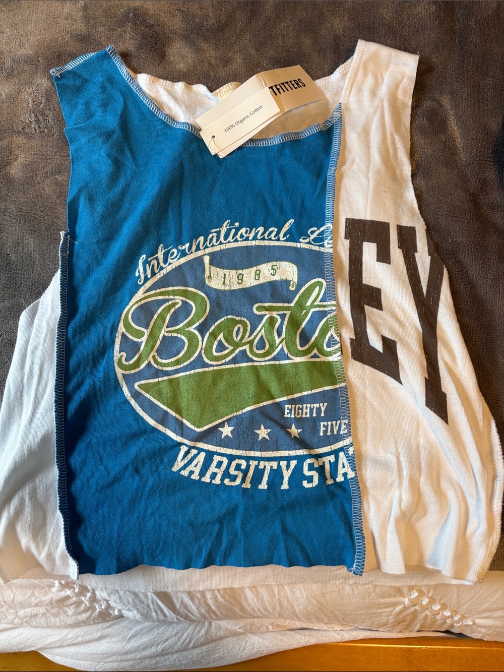 Urban Outfitters Up cycled Blue & White Boston Varsity Crop Tank top